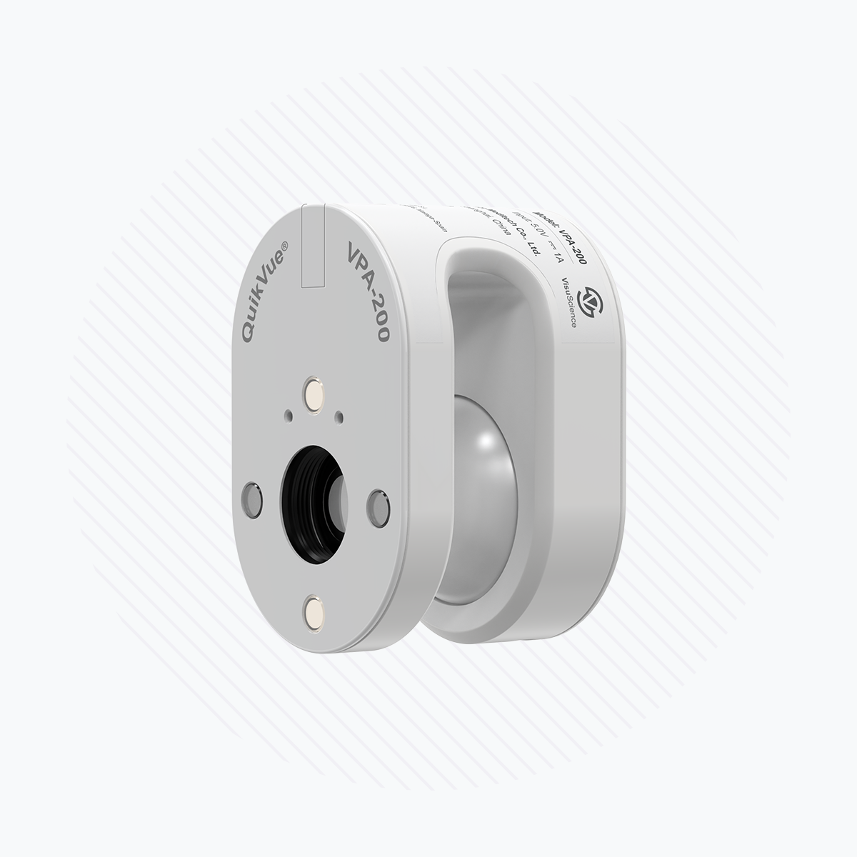 A compact, gray VisuScience QuikVue Plus Smartphone Imaging Adapter with a circular lens and mounting holes sits on a white, lightly striped background. It is ideal for anterior segment imaging and displays text and a logo detailing brand specifics.