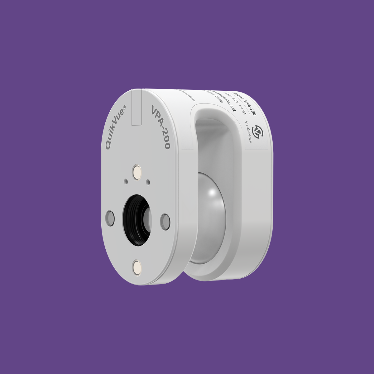 The VisuScience QuikVue Plus Smartphone Imaging Adapter is a white cylindrical device with a black lens and two front screws, essential for anterior segment imaging. Perfectly displayed on a purple background, its vital for primary eye care examinations and ophthalmology diagnosis.